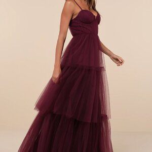 LULUS Unforgettable Poise Plum Purple Tulle Bustier Tiered Maxi MEDIUM **NWOT**